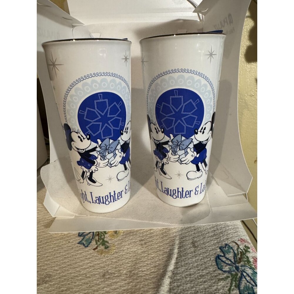 Disney Stoneware Tumblers 14 Oz With Mickey & Minnie Winter Design Blue & White